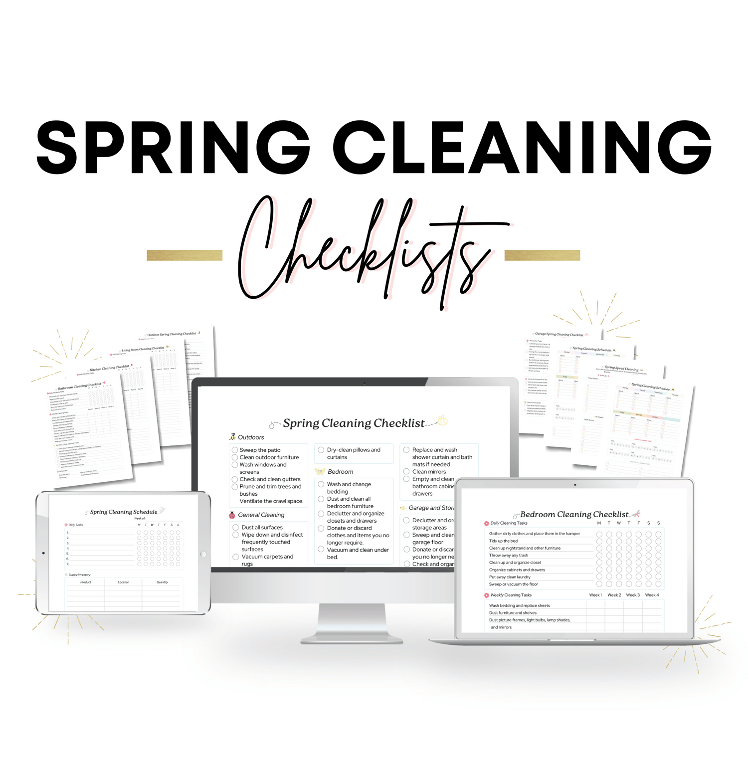 The words &quot;Spring Cleaning Checklists&quot; sits at the top of the image, with pictures of checklists on a computer, laptop, and tablet graphic below.