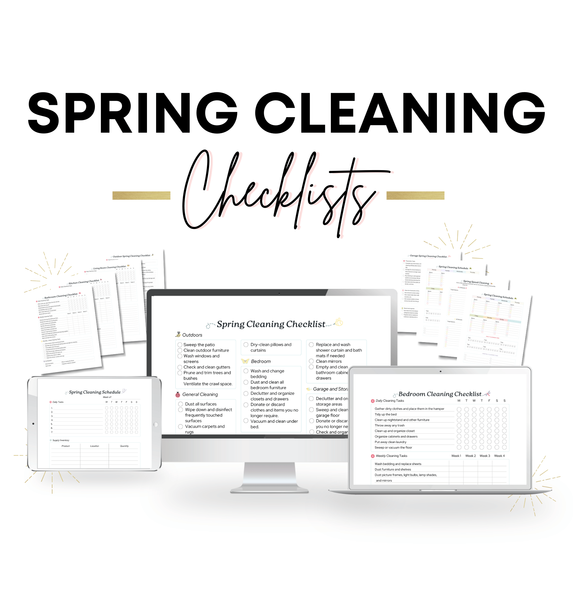 The words &quot;Spring Cleaning Checklists&quot; sits at the top of the image, with pictures of checklists on a computer, laptop, and tablet graphic below.