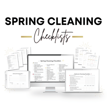 The words &quot;Spring Cleaning Checklists&quot; sits at the top of the image, with pictures of checklists on a computer, laptop, and tablet graphic below.